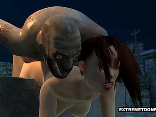 Beguiling 3d seductress baisée en une graveyard par une zombie