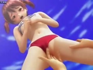 Delightful hentai teenie igranje s tič na plaža